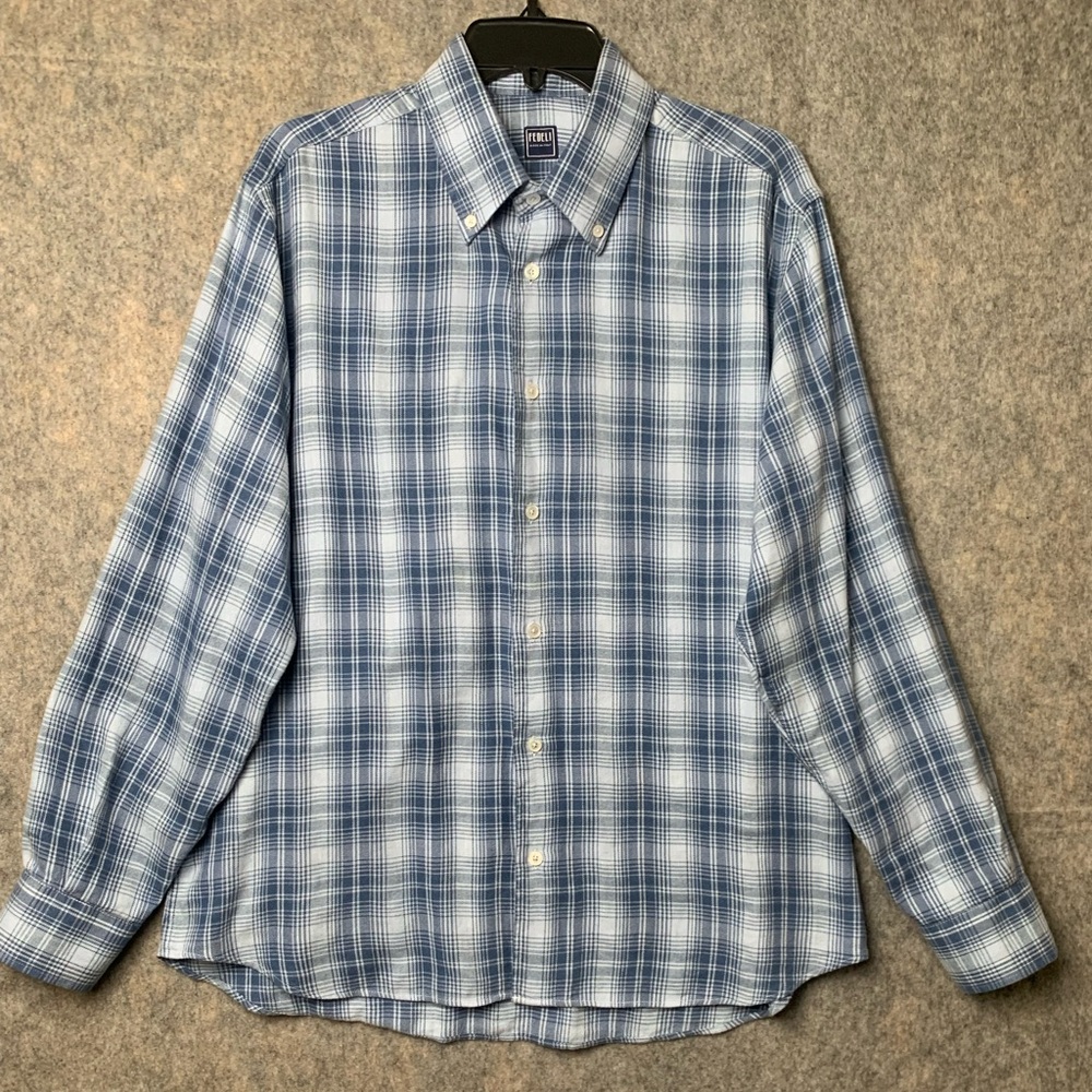 Fedeli Men Size 17/40 Large Sean'‎ Blue Cotton long sleeve button down Shirt